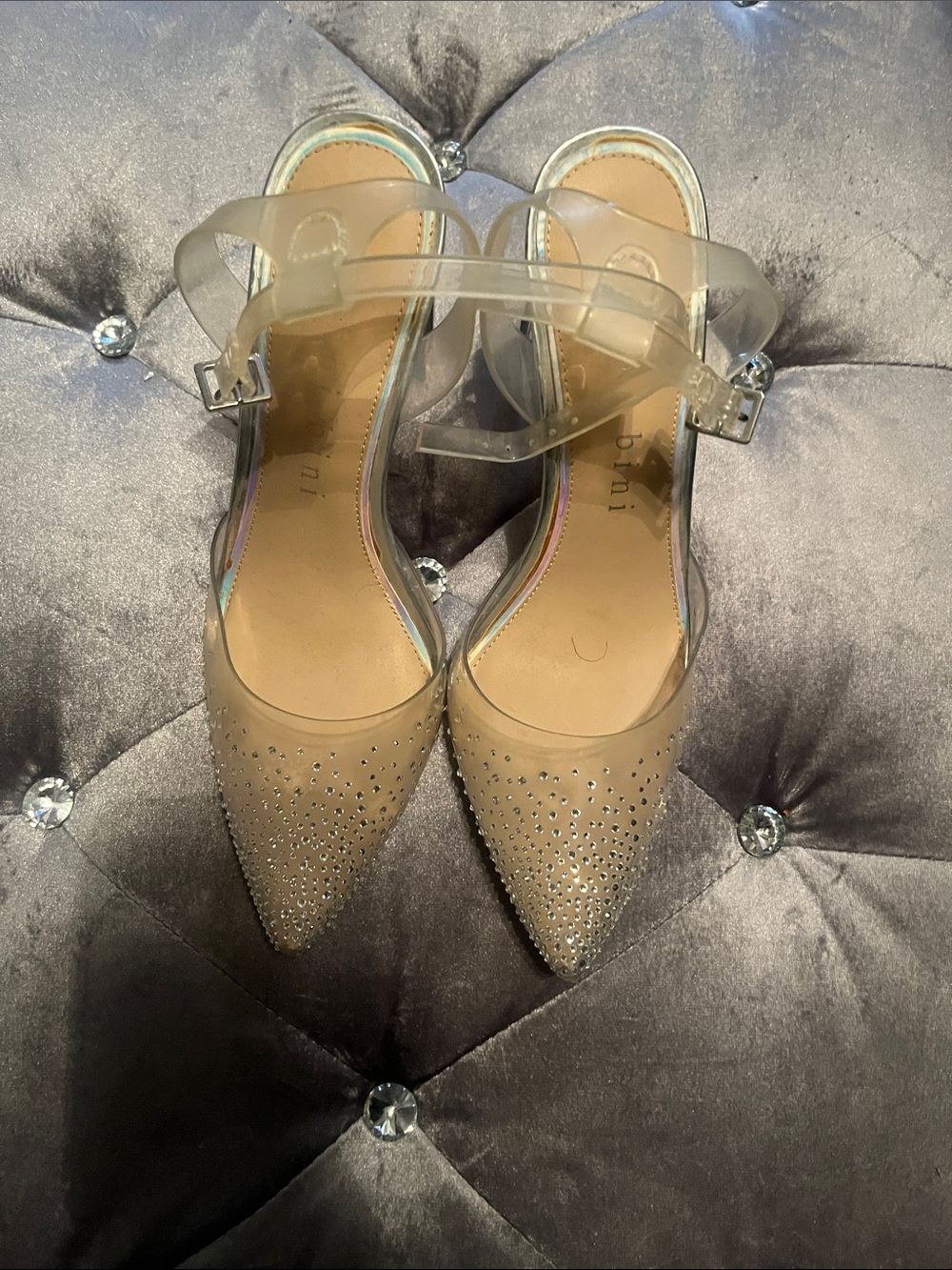 Women's Nude Pointed Toe Slingback Heels with Rhinestones